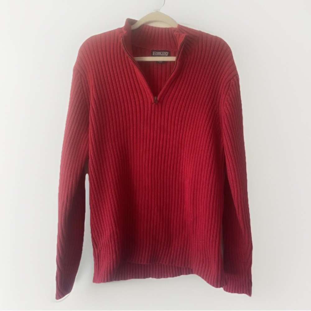 Lands End Vintage Red 1/4 Zip Knit Sweater Pullover Size Large 42-44 made Japan